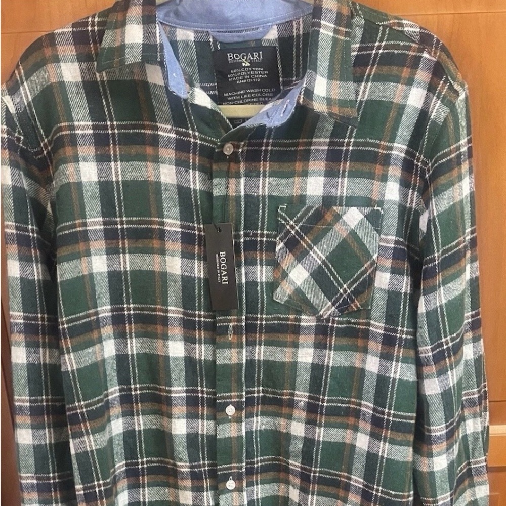 Bogari Men’s Medium Button Up Long Sleeve Green Plaid Flannel Shirt NEW